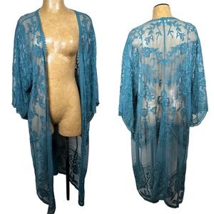 She Sky Women Teal Blue Floral Embroidered Lace Duster Kimono Cardigan ML Fairy